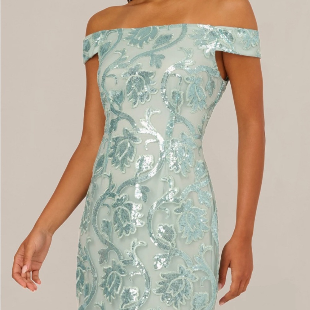 NEW Adrianna Papell Seafoam Off-Shoulder Sequin Appliqué Dress